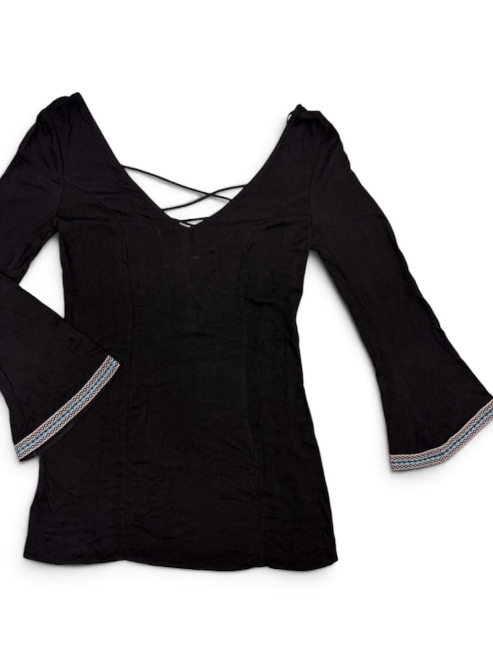 Black Long-Sleeve V-Neck Top with Bell Sleeves and Back Strap Detail